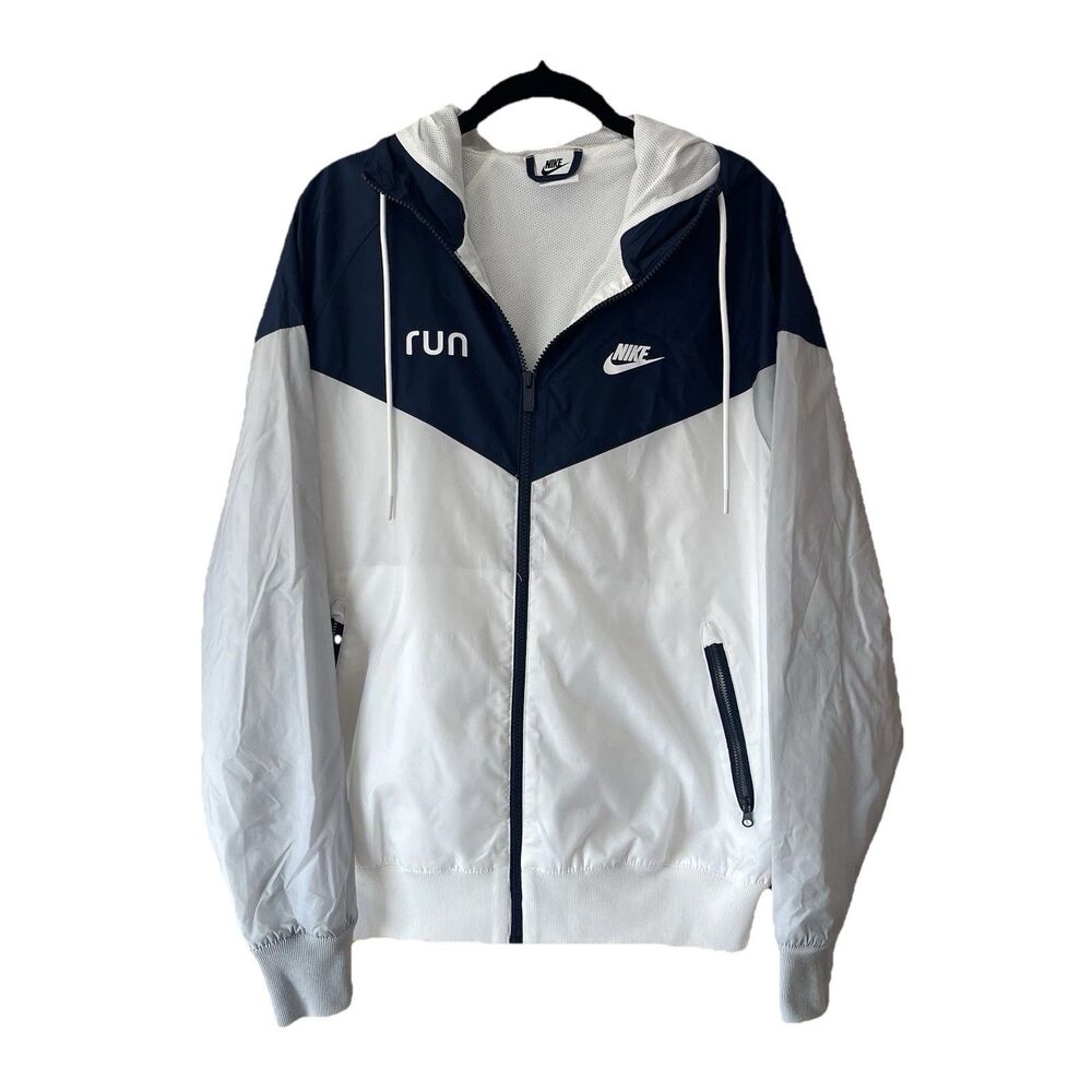 Nike Run Windbreaker Jacket Small Navy White Hooded Full Zip Lightweight